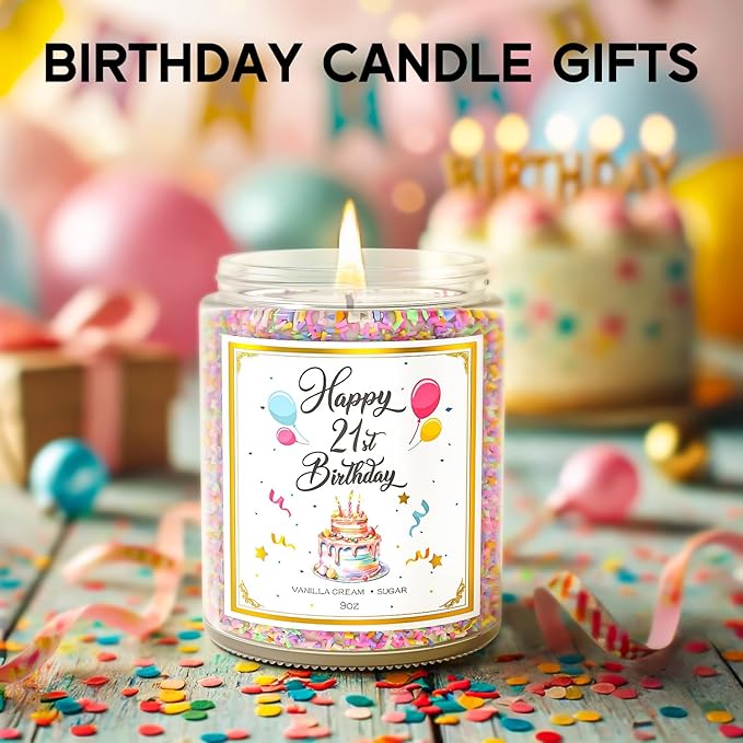 21st Birthday Candles Gifts for Women- 9 oz Happy Birthday Candle with Vanilla Birthday Cake Scent, Gifts for Women & Men, Friendship Ideas