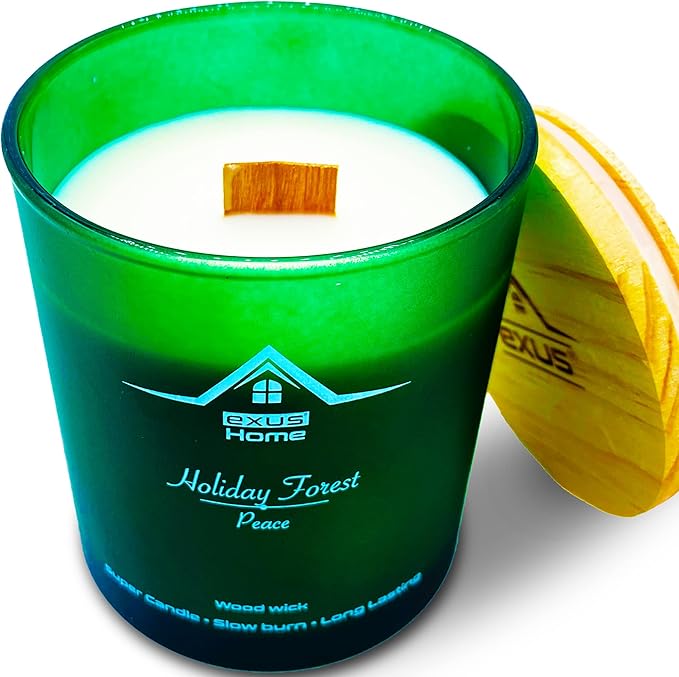 Exus Hand Crafted, Soy Wax, Wood Wick, Aromatic Candle. Non-Toxic (Holiday Forest/Peace)