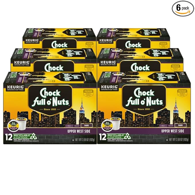 Chock Full o' Nuts Upper West Side Keurig K-Cup Pods for Keurig Brewers – Premium Arabica, Dark Roast – Single Serve – 6 Packs of 12 K-Cup Pods