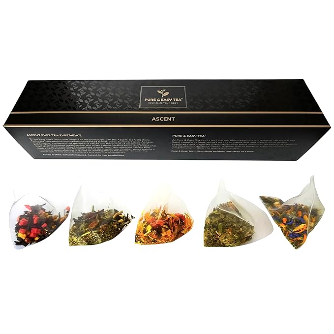 Pure And Easy Tea, Ascent Premium Tea Sampler, 15-Count Whole-Leaf Variety of Naturally Caffeinated Blends, Designed for Focus & Clean Energy, BPA-Free Pyramid Tea Bags, Gift Box (52.5g)