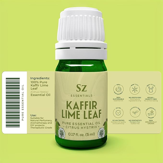 Kaffir Lime Leaf Essential Oil -100% Pure and Undiluted - Extracted from Citrus Hystrix Leaves - Earthy & Citrusy Scent with Fruity Overtones - Therapeutic Grade & Vegan - 0.17oz (5ml)