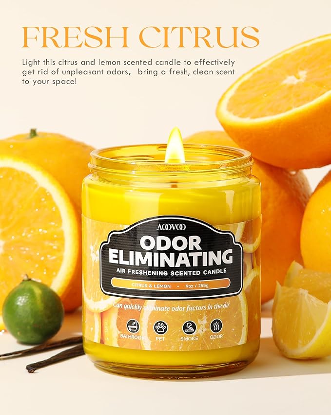 AOOVOO Citrus & Lemon 2 Pack Odor Eliminating Highly Fragranced Candle - Eliminates 95% of Pet, Smoke, Food and Other Smells Quickly, Air Freshing Soy Candle, 18 oz Up to 100 Hours Burn time