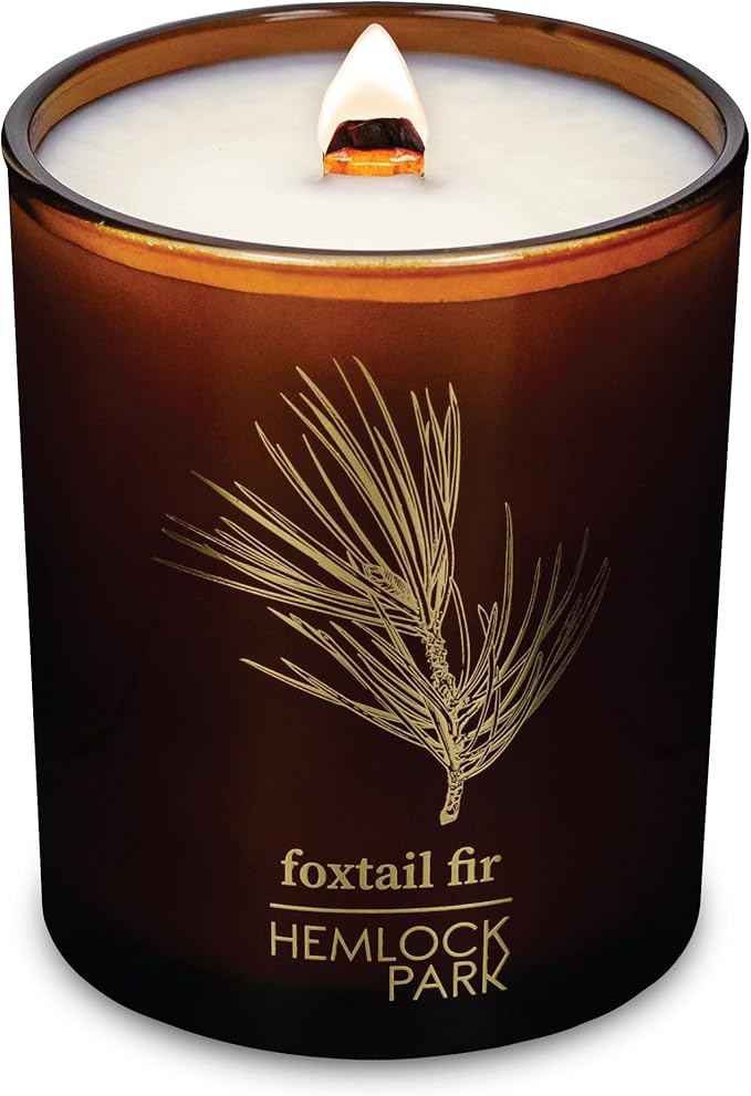 Hemlock Park Amber & Gold Wood Wick Candle Handcrafted with Natural Coconut Wax (Standard 7.2 oz, Foxtail Fir)