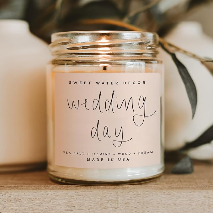 Sweet Water Decor Wedding Candle - Sea Salt, Jasmine, Cream, and Wood Scented Soy Wax Candle for Home - Engagement and Wedding Gifts for Her - 9oz Clear Jar, 40 Hour Burn Time, Made in The USA