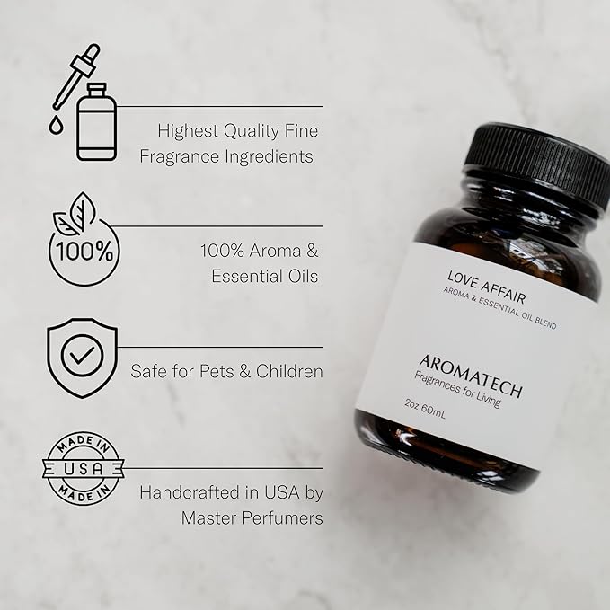 AromaTech Love Affair Aroma Essential Oil Blend: Luxury Hotel Inspired Aromatherapy with Jasmine, Saffron, Cedar & Amber for Ultrasonic Diffusers & Nebulizers - 0.3 fl oz, 10 mL