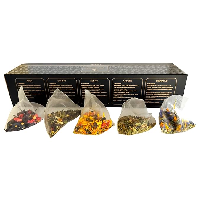 Pure And Easy Tea, Ascent Premium Tea Sampler, 15-Count Whole-Leaf Variety of Naturally Caffeinated Blends, Designed for Focus & Clean Energy, BPA-Free Pyramid Tea Bags, Gift Box (52.5g)