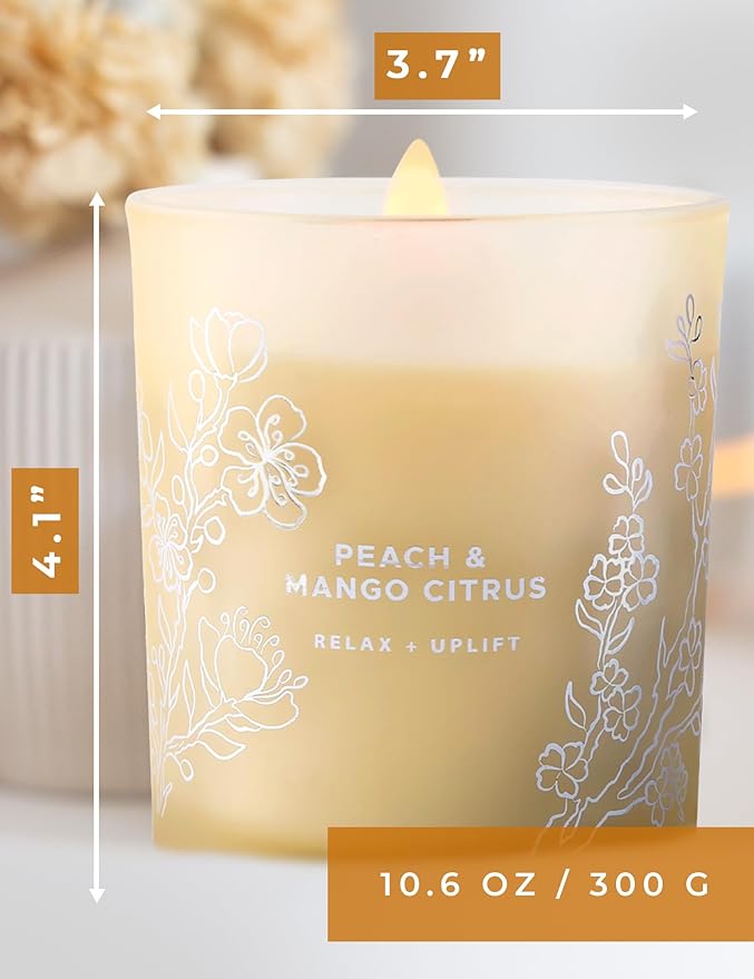 Peach Mango Citrus Scented Candle - Large Wood Wick Soy Candle 10.6 oz - Relaxing Aromatherapy Candle for Home - Highly Scented, Long-Lasting, Clean Burn, Strong Throw