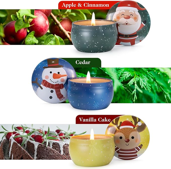 Hausware 3 Pack Scented Candles, 2.5 oz Aromatherapy Candles,Soy Candles Set with 72H Burning Time,Christmas Candles,Christmas Gift for Women (Apple Cinnamon+Cedar+Vanilla Cake)