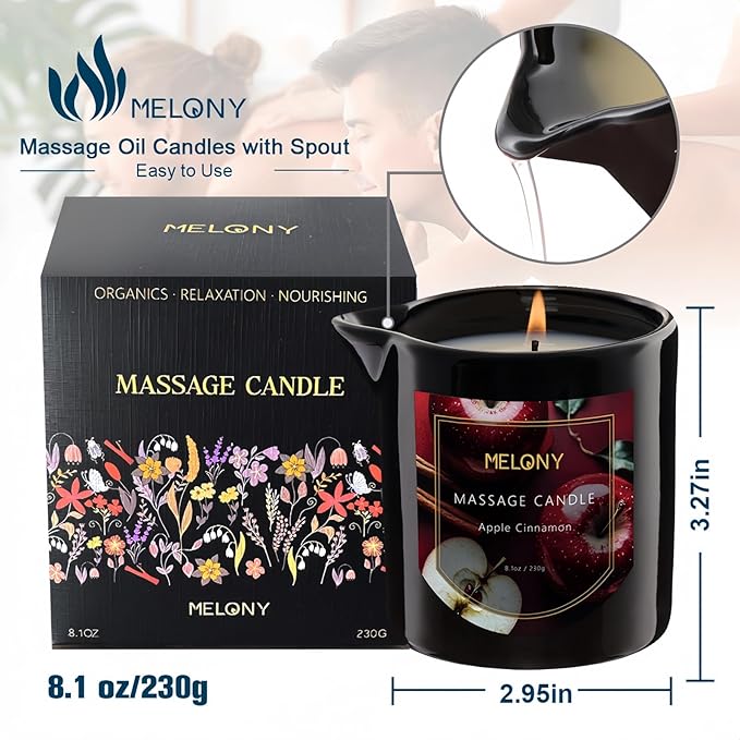 MELONY Luxury Massage Candle - Moisturising, Body Oil Candles for Muscle Relaxation, Home Spa, 8.1OZ (Apple Cinnamon)