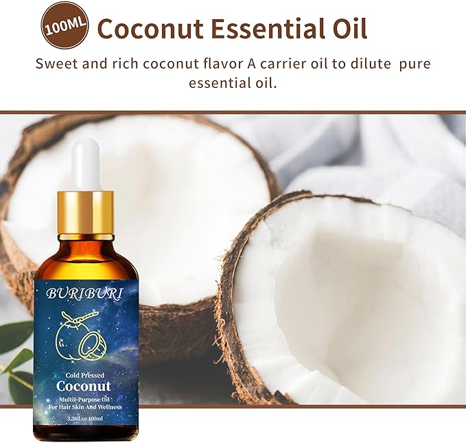 BURIBURI Coconut Essential Oil 100ml Premium Grade Scented Oil Coconut Fragrance Oil Carrier Oil for Diffusers, Massage, Candle Making Soap Making