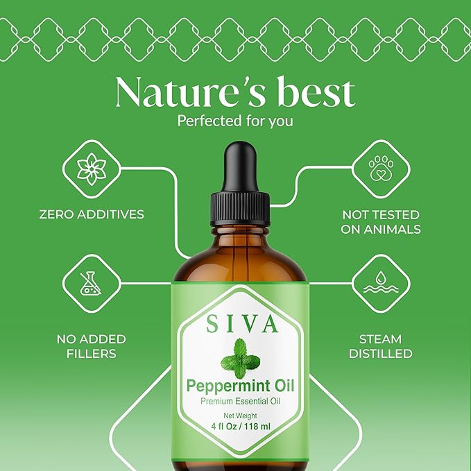 Siva Peppermint Essential Oil - 4 Fl Oz – 100% Natural Peppermint Oil - for Diffuser, Face, Skin Care, Aromatherapy, Hair Care, Scalp and Body Massage - with Dropper