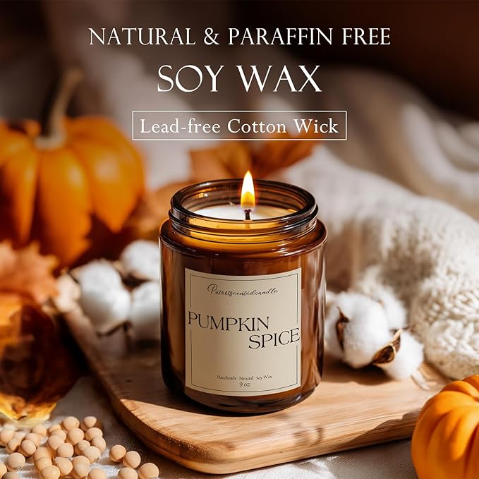 Pumpkin Spice Scented Candles for Home, Natural Soy Wax Aromatherapy Non Toxic Pumpkin Fall Candle Gifts for Women Men, Autumn Amber Glass Jar Candle Decoration for Halloween Holidays (9oz