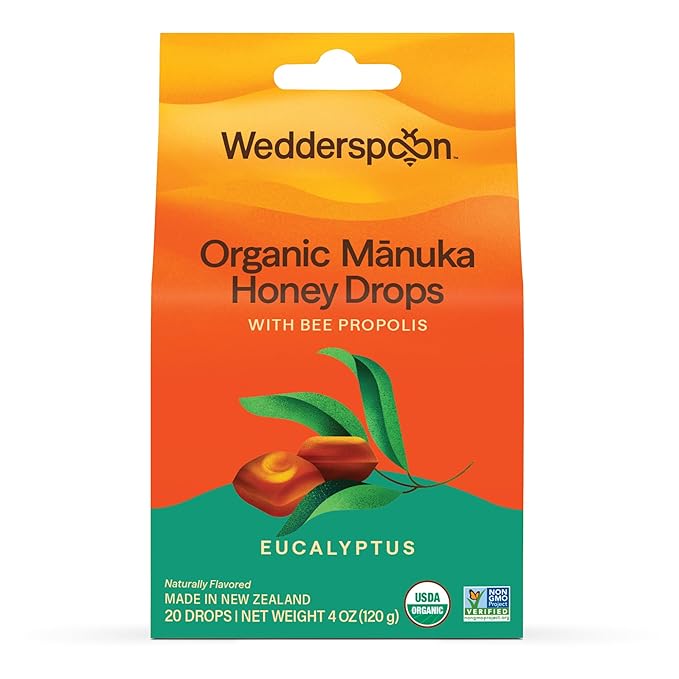 Wedderspoon Organic Manuka Honey Drops, Eucalyptus & Bee Propolis, 20 Count (4oz) (Pack of 1)| Genuine New Zealand Honey | Perfect Remedy For Dry Throats