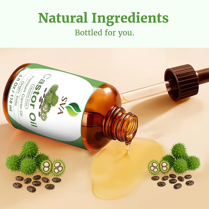 SVA Castor Seed Oil - 4 Fl Oz – 100% Natural Cold Pressed Castor Oil - for Face, Skin Care, Hair Care, Scalp Massage & Body Massage – Carrier Oil with Dropper