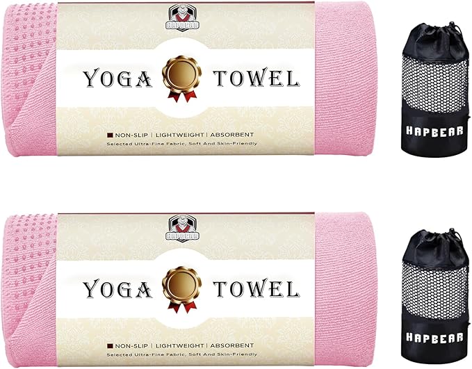 HAPBEAR 2 Pack Hot Yoga Towel - Non Slip Yoga Mat Towel with Grip Dot, Super-Absorbent, Soft Microfiber Towel for Hot Yoga, Pilates and Fitness