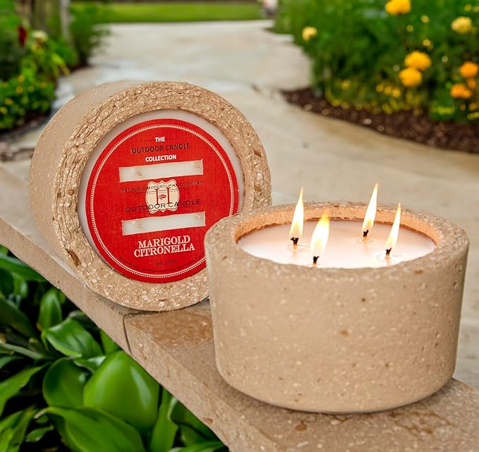 Hillhouse Naturals Marigold Outdoor Candle in Hypertufa Pot 32oz.. Infused with The Enchanting Aromas of Marigold Essential Oils. Burn time 100+ Hours. Made in The USA