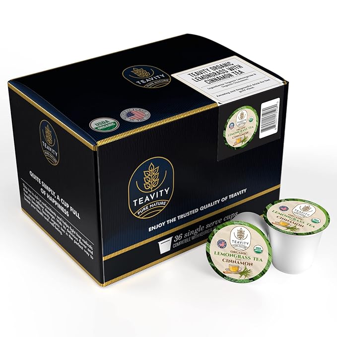Teavity Organic Lemongrass and Cinnamon Tea Pods for Keurig - Naturally Decaffeinated Herbal Tea Blend (36 Pods)