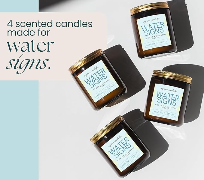 Pisces, Cancer, Scorpio Gifts for Women - Wood Wick Candles, 4 Pack Small Scented Candles Set for Women. 6oz Natural Soy Wax, Aromatherapy Set for Home. Zodiac Astrology Birthday Spiritual Gifts