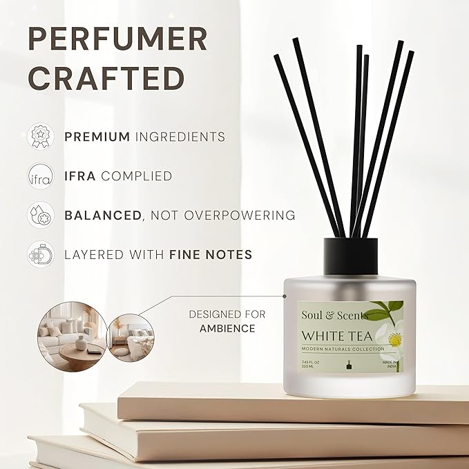 Soul & Scents Reed Diffuser Set – White Tea | 7.43 oz Refillable Scented Oil with 6 Fiber Sticks | Long-Lasting Home Fragrance & Air Freshener for Bedroom, Bathroom, Office | Gift & Décor Piece