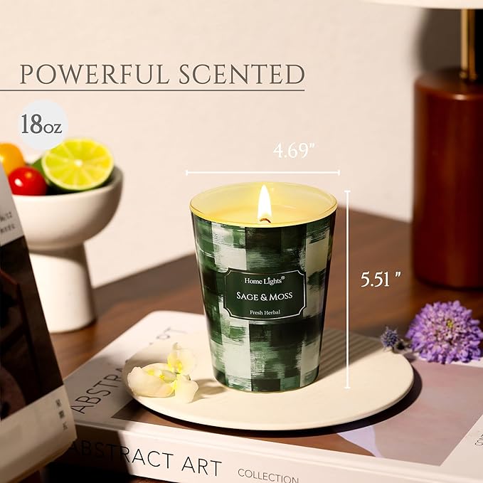 HomeLights Scented Candles for Women & Men, 6.7oz Candle Jars Aromatherapy Single Wick Candle, Ideal for Scandinavian Minimalist Design Home Decor and Gifts, Sage & Moss