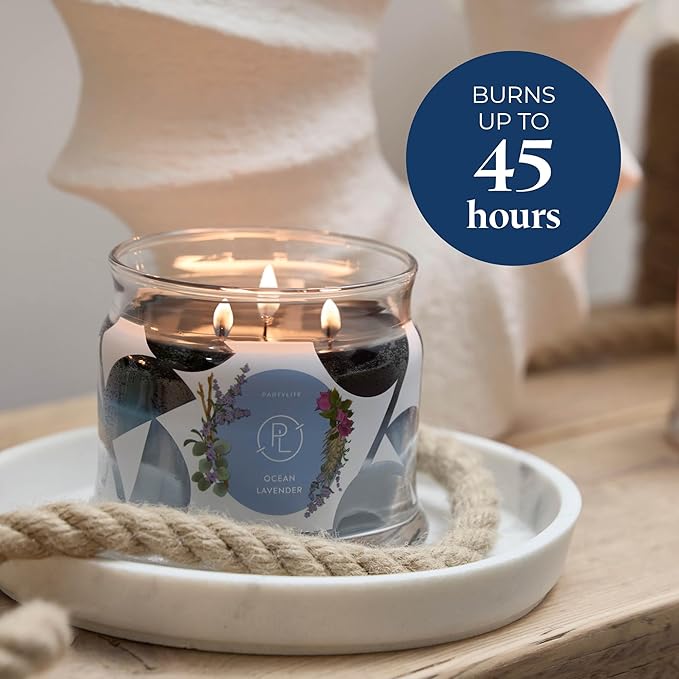 PartyLite Ocean Lavender Scented, Notes of Vanilla Sea Salt, Driftwood, Sea Moss, Patchouli & Eucalyptus, 13.2oz 3-Wick Jar Candle, 45 Hour Burn Time, Luxurious Fragrance, Ideal for Gifting
