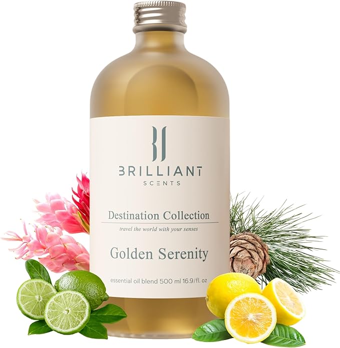 Brilliant Scents Golden Serenity Fragrance Oil 500ml - Premium Diffuser Oil for Home, Office, Hotels - Long Lasting, Plant-Based, Meets IFRA Standards, USA-Made - Mandarin, Tea Rose, Musk