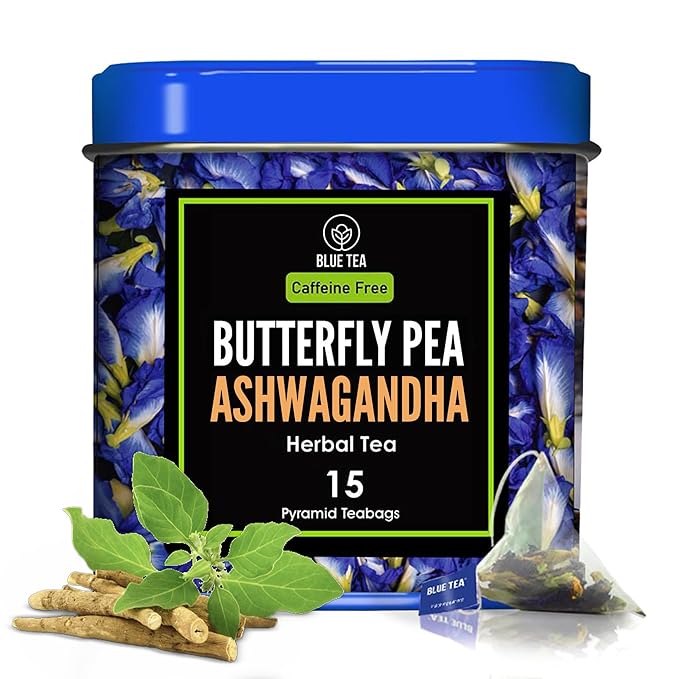 BLUE TEA - Butterfly Pea Flower Tea - Ashwagandha - 15 Count - Pyramid Plant Based Tea Bag | ANTIOXIDANT RICH | Caffeine Free - Flower Based - Detox Tea - Non-GMO | Reusable Tin Pack