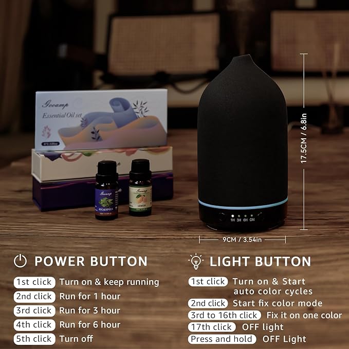 200ML Ceramic Essential Oil Diffuser - Ultrasonic Aromatherapy & Humidifier with 7-Color LED Lights, Auto Shut-Off, Black, 1H/3H/6H Timer | Scent for Home, Office, Yoga