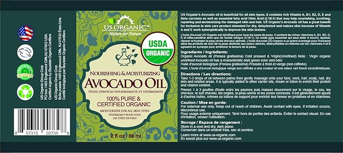 US Organic Avocado Oil Unrefined Virgin, USDA Certified Organic, 100% Pure & Natural, Cold Pressed, in Amber Glass Bottle w/Glass Eye dropper for Easy Application (2 oz (Small))