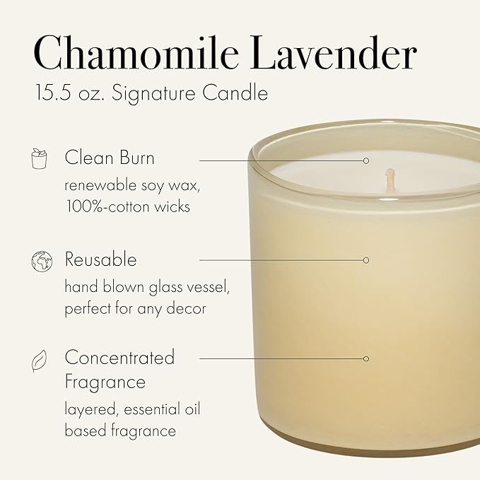 LAFCO New York Signature Candle, Chamomile Lavender - 15.5 oz, 2 Pack - 90-Hour Burn Time - Reusable, Hand Blown Glass Vessel - Made in The USA