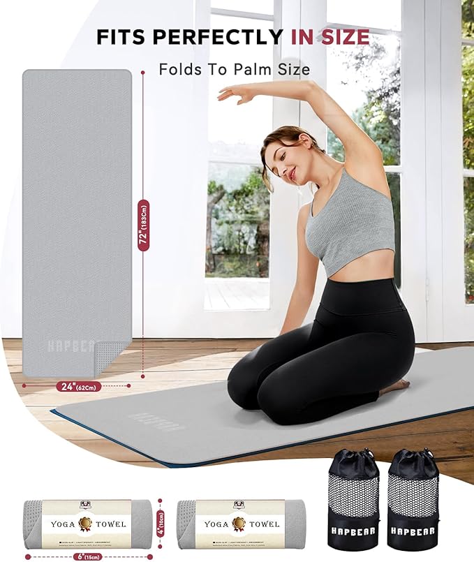 HAPBEAR 2 Pack Hot Yoga Towel - Non Slip Yoga Mat Towel with Grip Dot, Super-Absorbent, Soft Microfiber Towel for Hot Yoga, Pilates and Fitness