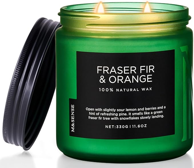 M&SENSE Fir & Orange Scented Candle, 11.6oz Soy Wax Non Toxic for Home Up to 70 Hours, 2 Cotton Wick Christmas Tree Scent Holiday Aromatherapy Candle for Relaxation