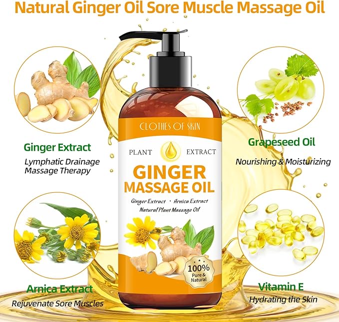 Ginger Oil Massage Oil for Massage Therapy,Ginger Oil Lymphatic Drainage Massage,Sore Muscle Massage Oil,Natural Ginger Body Oil for Gua Sha Massage with Arnica Oil-Warming,Relaxing,Soothing Muscles