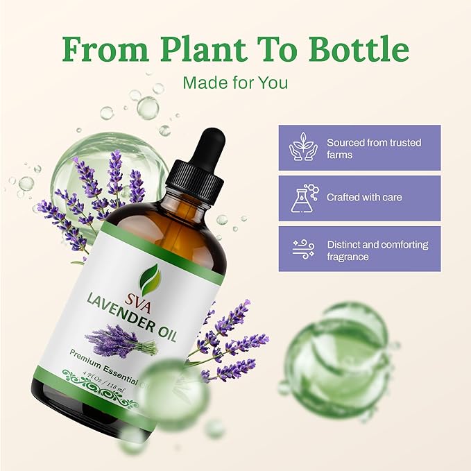 SVA Lavender Essential Oil – 4 Fl Oz – 100% Natural Lavender Oil - for Diffuser, Hair Care, Face, Skin Care, Aromatherapy, Scalp and Body Massage, Soap and Candle Making – with Dropper