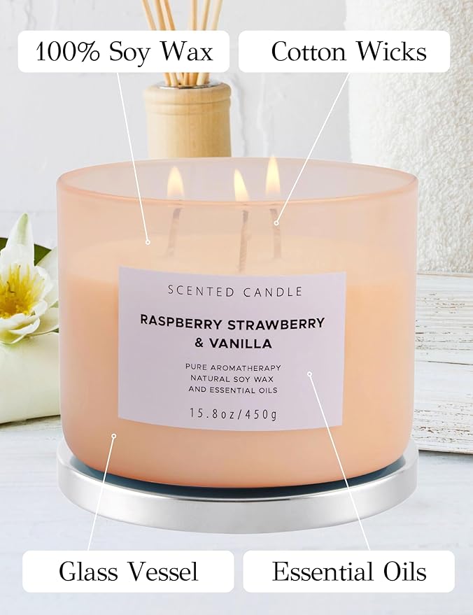 Raspberry Strawberry Vanilla 3-Wick Scented Soy Candle 15.8 oz | Large Sweet Berry Vanilla Scented Candle for Home | Stress Relief & Relaxing Aromatherapy Candle | Strong Throw & Long-Lasting