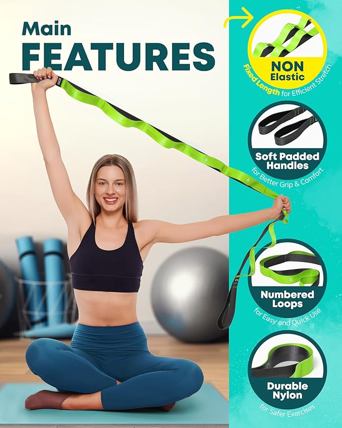 Stretching Strap with Loops - Non Elastic Stretch Band for Physical Therapy, Yoga Strap for Stretching Equipment, Stretch Bands for Exercise and Flexibility - Fascia, Hamstring & Leg Stretcher Belt