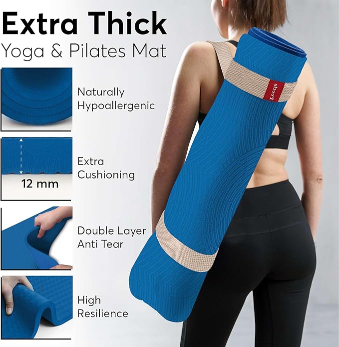 Feetlu Extra Thick 12mm Exercise Mat – Non-Slip, Joint-Friendly & Cushioned Fitness Mat for Yoga, Pilates & Floor Workouts – Durable, Supportive & Includes Feetlu Classic Strap