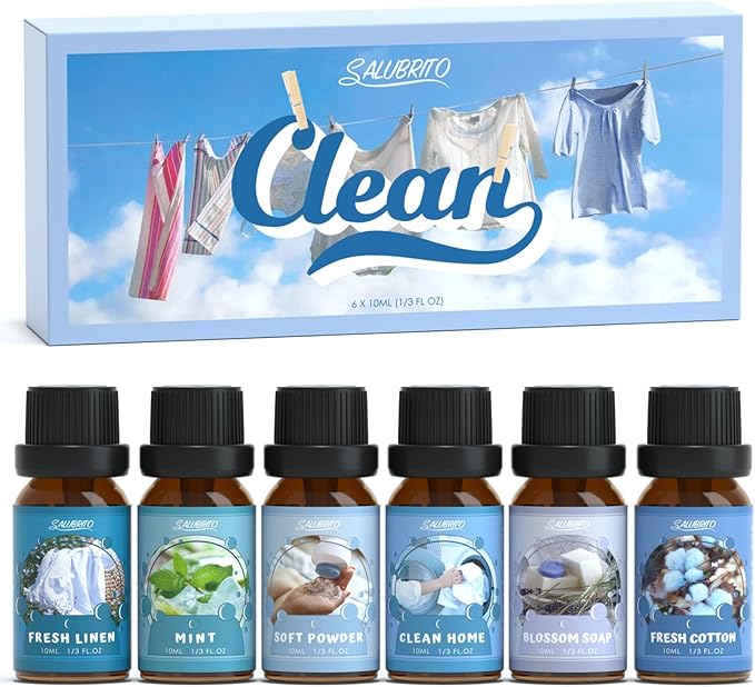 SALUBRITO Clean Fragrance Oils Set, Premium Essential Oils Set for Diffuser, Candle, Soap Making, Fresh Cotton, Clean Home, Fresh Linen, Soft Powder, Blossom Soap, Mint, Strong Scented Oils