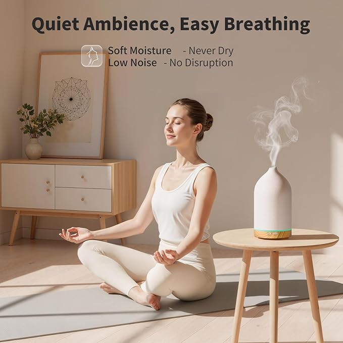 URPOWER 120ML Ceramic Essential Oil Diffuser Ultrasonic Aromatherapy Diffuser with Wood Grain Base, 7-Color LED Lights Auto Shut-Off, Humidifier for Home & Office, Air Diffuser for Relaxation