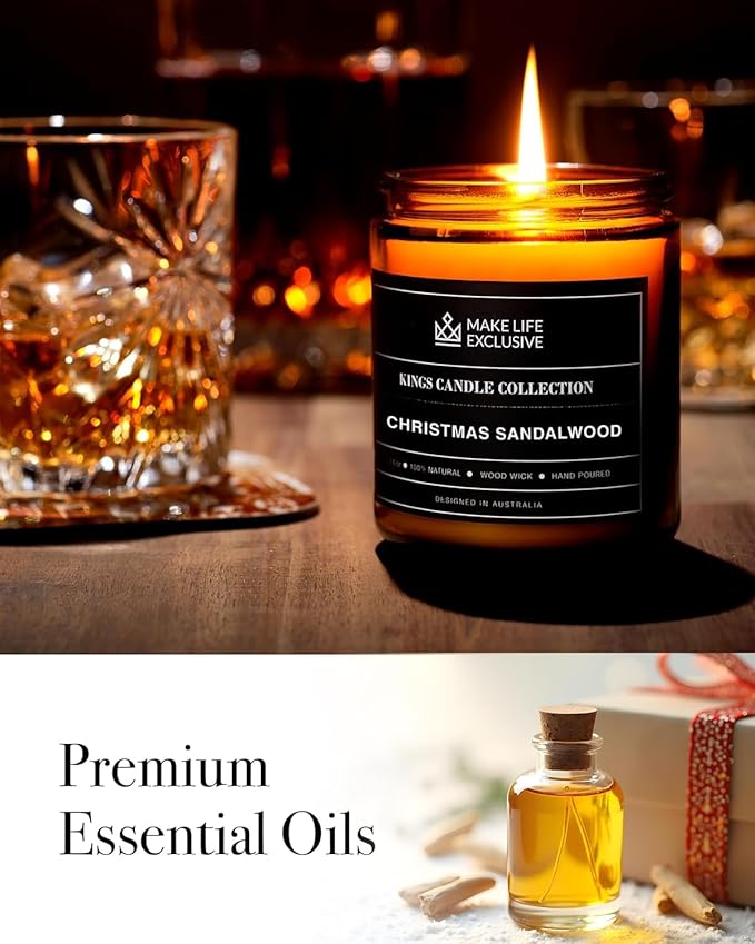 Scented Candles for Men | Christmas Sandalwood | Wooden Wick, Long Lasting, Masculine Scents | Natural Soy Jar Candle for Home, Bacehlor Pad Decor | The Perfect Mens Gift