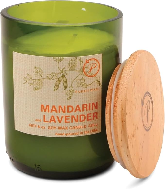 Paddywax Eco Collection Scented Soy Wax Candle in Glass Jar, Mandarin & Lavender Fragrance, Green Vessel with Wood Lid, 8 oz