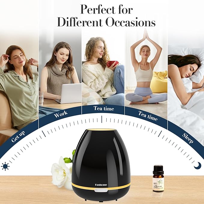 300ml Essential Oil Diffuser & Cool Mist Humidifier - Ultra-Quiet Ultrasonic Aromatherapy for Bedroom, 7 Color Night Light, BPA-Free, Auto Shut-Off, Up to 12H Continuous Mist(Black)