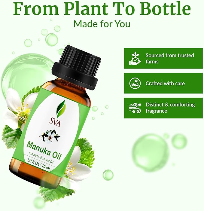 SVA Manuka Essential Oil – 1/3 Fl Oz – 100% Natural Manuka Oil - for Diffuser, Hair Care, Face, Skin Care, Aromatherapy, Scalp and Body Massage, Soap and Candle Making