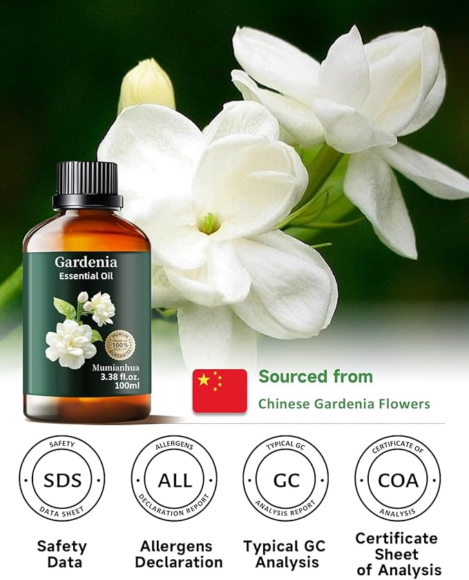 Gardenia Essential Oil, Pure Gardenia Oil Mumianhua Natural Aroma Oil for Reed Diffuser, Air Freshener, Skin, Massage, Hair, Laundry & Women's Perfume, Soap, Candles Making 3.38 Fl Oz