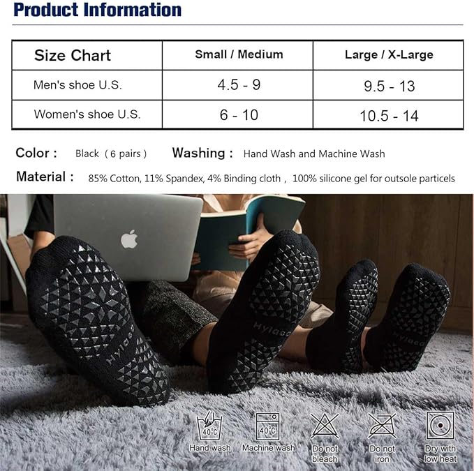 Hylaea Unisex Non Slip Socks with Grip for Yoga, Hospital, Pilates, Barre | Ankle, Cushioned