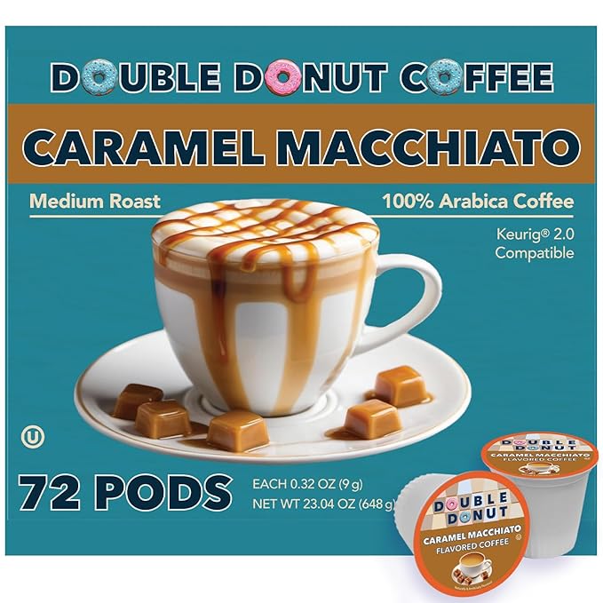 Double Donut Coffee Caramel Macchiato Flavored Coffee Pods,Medium Roast Coffee Compatible with Keurig K Cups Brewers, 72 Count