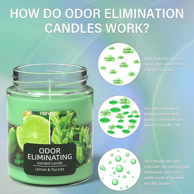 TRINIDa Lemon & Tea Tree Odor Eliminating Candles for Home Scented, Eliminates 99% of Pet, Smoke, Food and Other Smells Quickly, Highly Fragranced Candle, Premium Soy Candles Set for Women