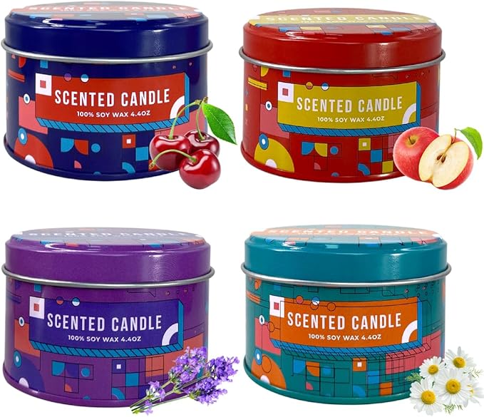4 Pack Home Scented Candles - Strong Lavender, Apple, Red Cherries & Daisy Candle, 4.4 Oz, 100% Soy, Non-Toxic, Small Candle Set for Aromatherapy & Gifts