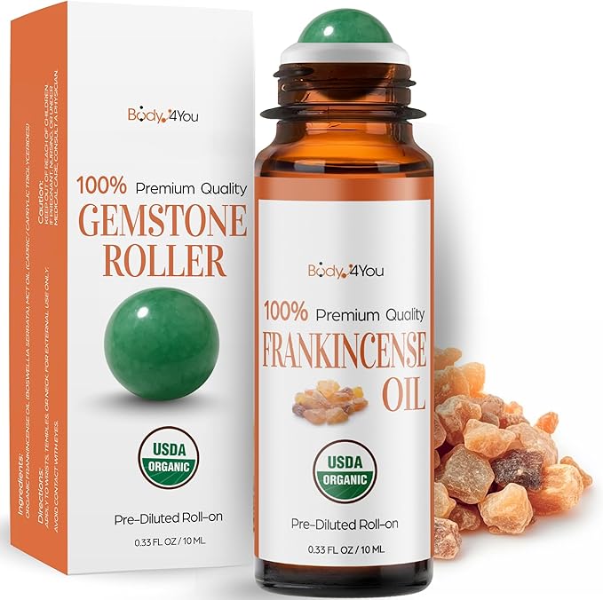BodyJ4You Frankincense Essential Oil Roll On - Pure 100% USDA Organic MCT Coconut Oil - Natural Green Aventurine Stone Roller - Skin Care Grounding Pulse Point - Amber Glass Bottle Rollerball (10ml)