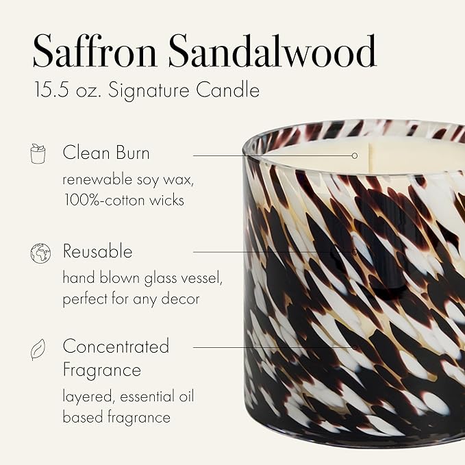 LAFCO New York Signature Fall Candle, Saffron Sandalwood - 15.5 oz - 90-Hour Burn Time - Reusable, Hand Blown Glass Vessel - Made in The USA